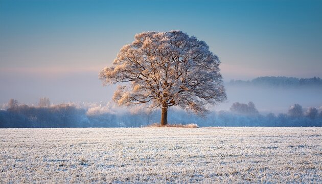 Alone Tree In Field During First Snow
