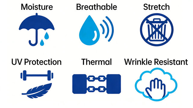 Basic fabric characteristic icon, representing moisture absorption, breathability, wrinkle resistance, stretching, sun protection, constant temperature, and lightweight wearing experience
