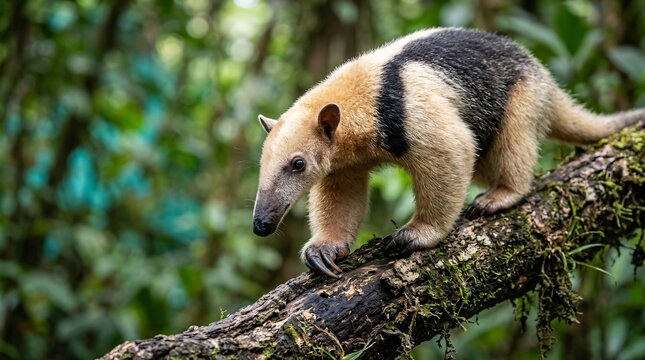 A wild lesser anteater balancing on a thick mossy branch in a vibrant green tropical jungle environment during the daytime.
