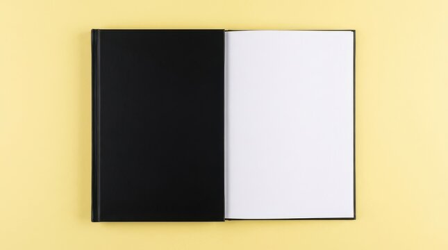Minimalist Black Open Notebook with Blank White Pages on Yellow Background