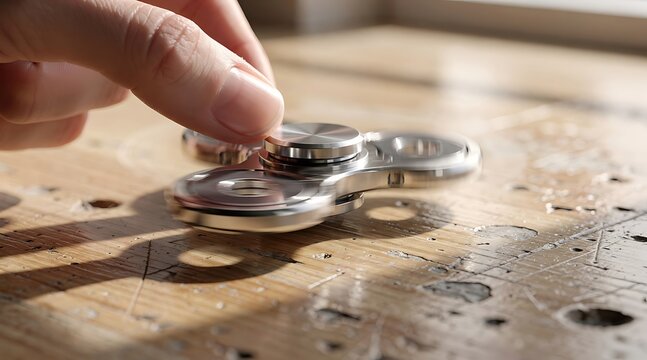 A person playing with a metallic fidget spinner on a wooden table.