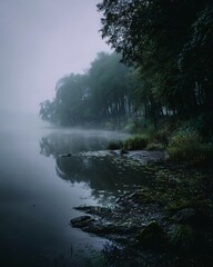 Dark academia foggy forest lake scenery misty lake shore with dark forest trees reflected in calm water during quiet early morning landscape © naphat