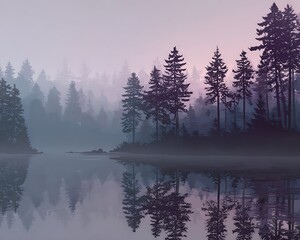 Dark academia foggy forest lake scenery misty pine forest landscape reflecting in calm lake during serene purple sunrise © naphat