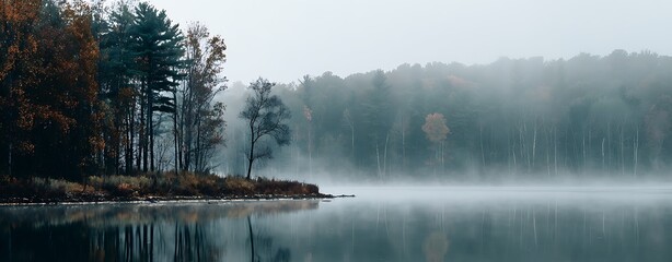 Dark academia foggy forest lake scenery misty autumn lake landscape with pine trees and calm water reflection in early morning fog © naphat