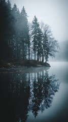 Dark academia foggy forest lake scenery misty pine forest reflected in calm lake during moody and atmospheric winter morning © naphat