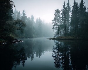 Dark academia foggy forest lake scenery misty forest landscape with pine trees reflected in calm lake during quiet morning in wilderness © naphat