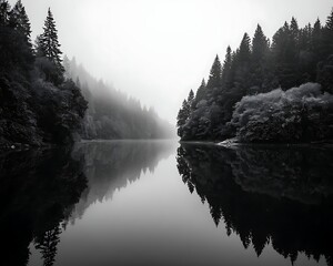 Dark academia foggy forest lake scenery black and white landscape of calm lake surrounded by dense pine forest in thick morning fog © naphat