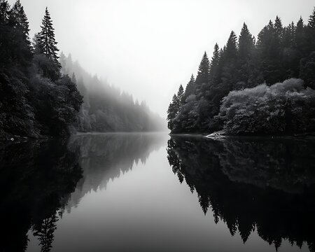 Dark academia foggy forest lake scenery black and white landscape of calm lake surrounded by dense pine forest in thick morning fog