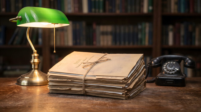 Stack of tied old documents next to a green banker's lamp and vintage black rotary phone on a wooden desk in a library.