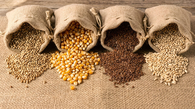 Rustic sacks spill diverse grains and seeds corn, oats, flax. Presented on textured fabric, symbolizing natural abundance and wholesome ingredients for healthy eating