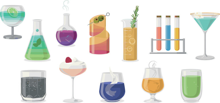 Colorful chemistry cocktail drinks vector set featuring laboratory flasks test tubes and alcoholic beverages on white background
