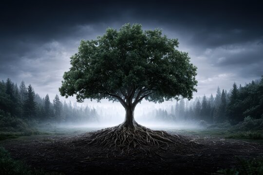 Ancient tree with deep roots, stormy sky above, misty forest scene, moody tone