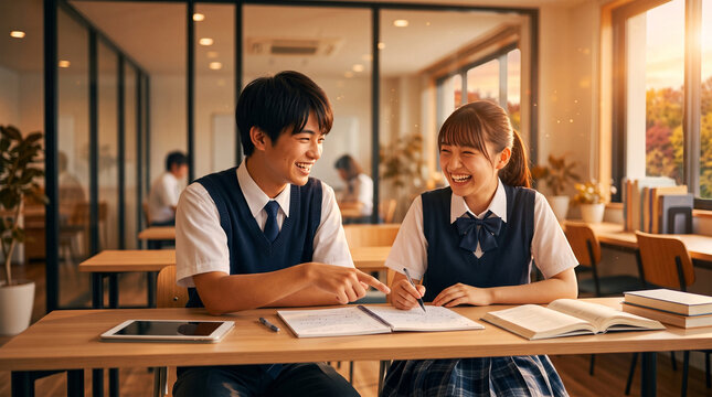 Two Japanese high school students in summer vests studying and laughing together at sunset