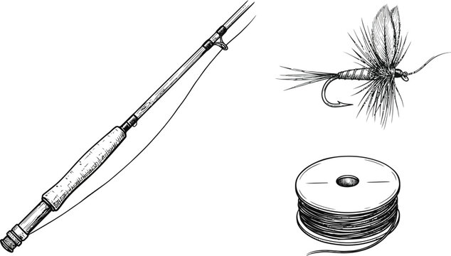 Fishing rod and reel with fly. Angling equipment for outdoor recreation.