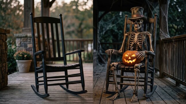 Autumn Porch Transition: Empty Rocking Chair to Halloween Skeleton Display
