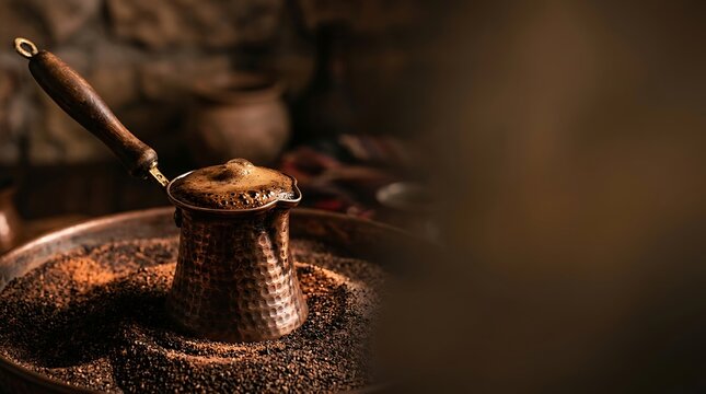 Traditional turkish coffee brewing in copper pot on hot sand