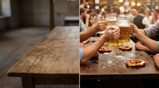 Split Image Rustic Wooden Table Empty and Festive with Beer