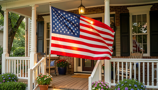 An American flag waving proudly on a beautifully decorated classic front porch of a brick home, illuminated by warm evening lights.

