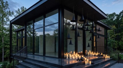 Fototapeta premium Modern House Porch Decorated Halloween Candles Witch Hats Dusk