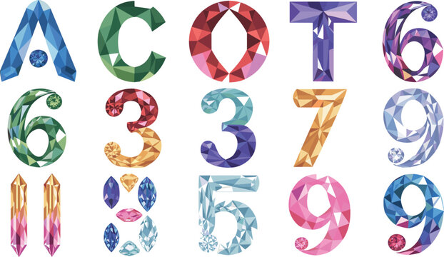 Crystal gemstone alphabet typography set featuring shiny low poly geometric numbers and letters with colorful diamond textured facets
