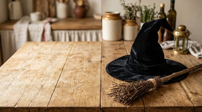 Halloween Kitchen Decor with Witch Hat and Broomstick on Rustic Wooden Table