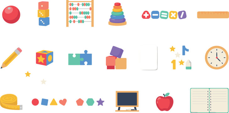 Early childhood preschool classroom math toys and school supplies vector collection featuring abacus building blocks shapes and stationery