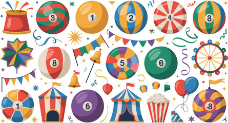 Vintage carnival circus vector elements collection with colorful numbered balls amusement tent bunting flags popcorn and festival decorations © MdMonirul