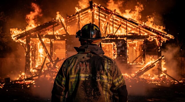 Firefighter standing in front of a burning house at night.