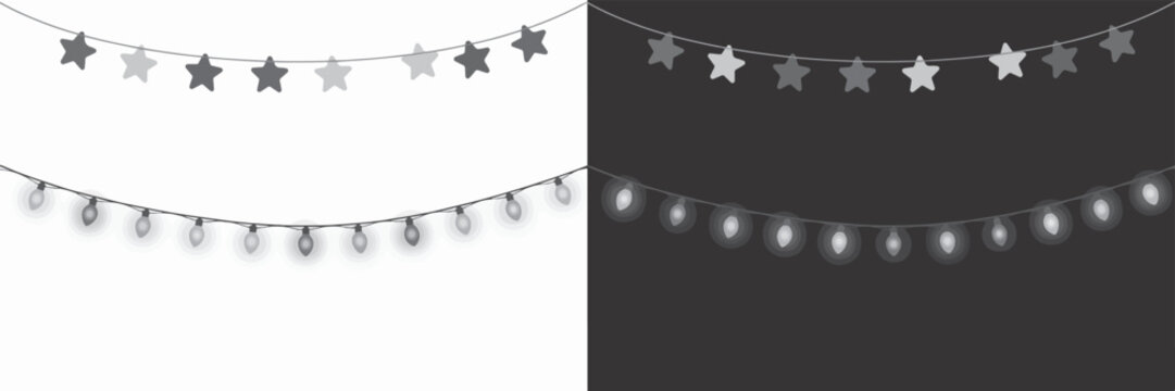 Monochrome star shaped bunting and glowing string lights set for festive event background decoration with monochrome decoration celebration background