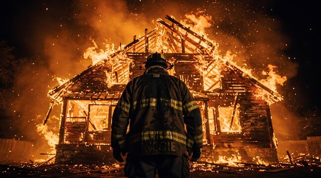 Firefighter standing in front of a house engulfed in flames.