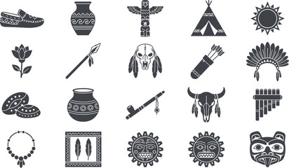 Native American Cultural Heritage Glyph Icon Set Featuring Totem Pole Tepee War Bonnet Buffalo Skull Spear and Indigenous Tribal Art Symbols © SUMON