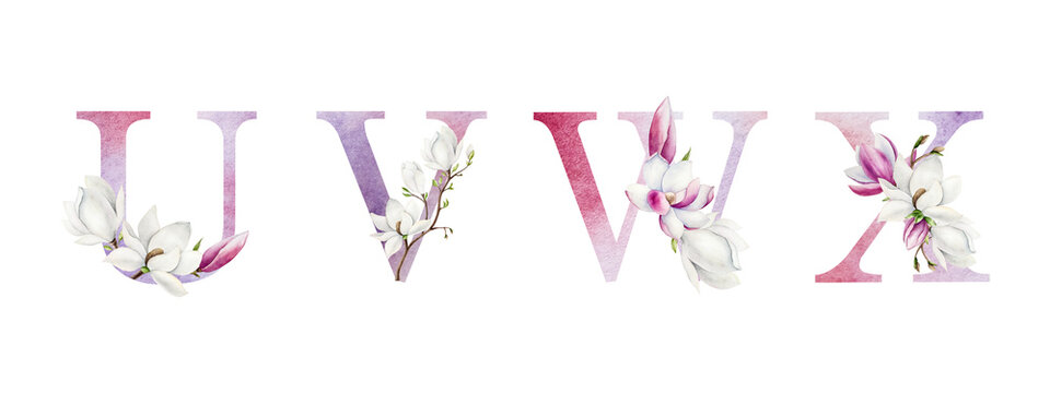Letters U, V, W, X with magnolia branches, pink and white tree flowers. Watercolor hand drawn spring alphabet illustration isolated on background, transparent png. Wedding monogram or feminine desi