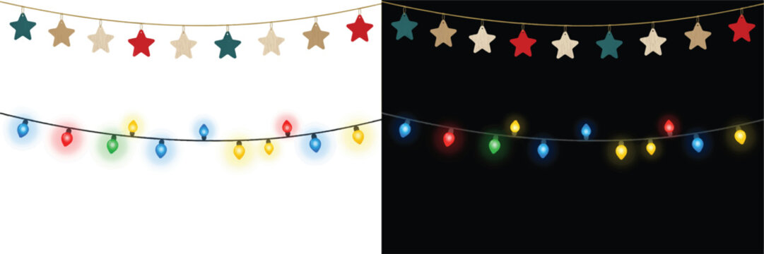 Festive holiday garland with star ornaments and string lights christmas decoration ornaments celebration colorful background elements seasonal cheerful