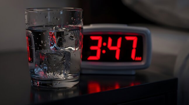 Glass of Water with Ice Cubes Beside a Digital Alarm Clock at Night.