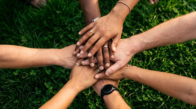 Diverse people stacking hands together over green grass symbolizing unity