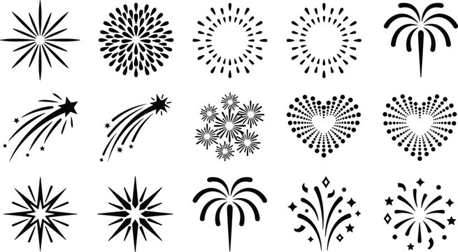 Set of black firework and firecracker vector icons for festive New Year and celebration party design