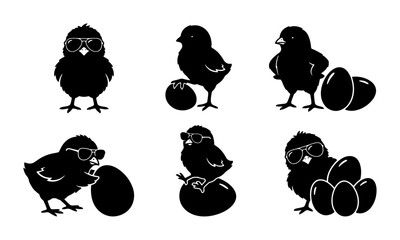 Charming Chick Silhouettes with Sunglasses, Easter Eggs Vector Set, Cute Baby Birds Collection © Faruk