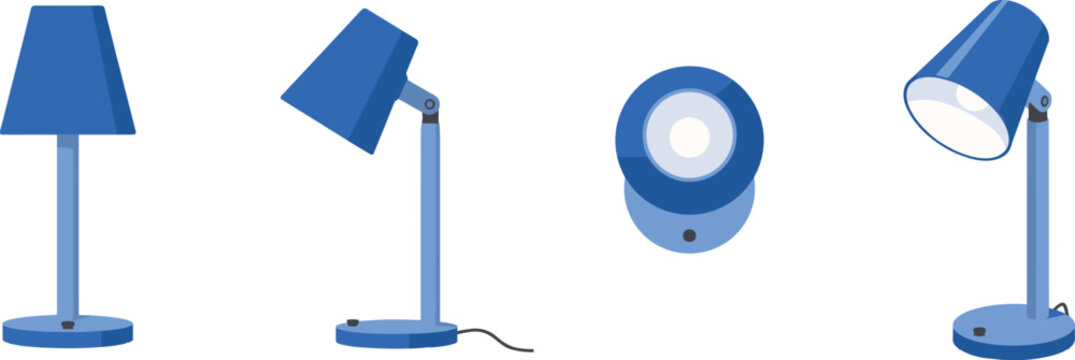 Blue desk lamp vector set showing different angles front side top view and perspective isolated on a white background