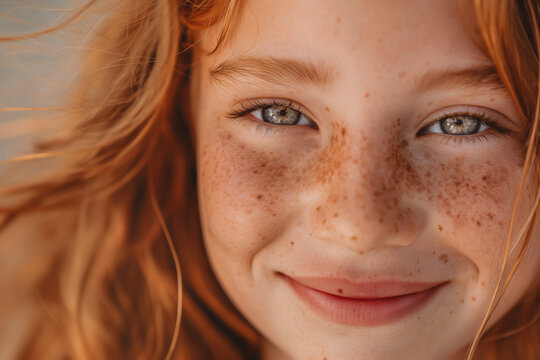 Close-up portrait of a smiling girl with freckles and red hair