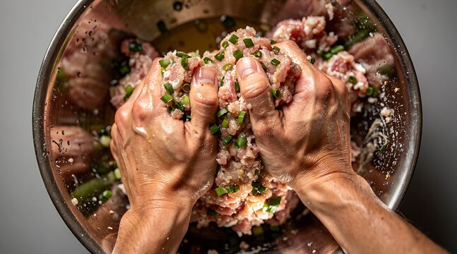 Hands mixing ground meat and fresh herbs in a metal bowl.