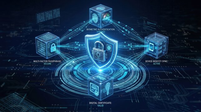 Digital security biometric authentication system with shield icon and fingerprint scan, multi-factor passphrase protection, device identity sync and valid digital certificate, c...