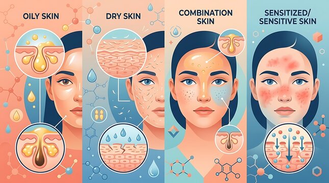 Comparative infographic showing four common skin types