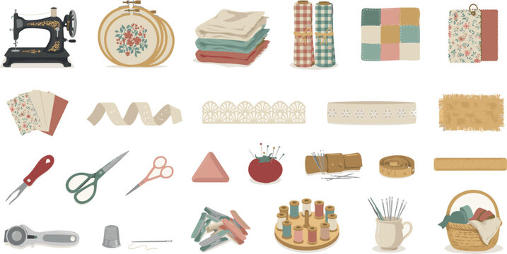 Vintage sewing and quilting vector elements set featuring retro sewing machine embroidery hoops fabrics scissors and craft tools