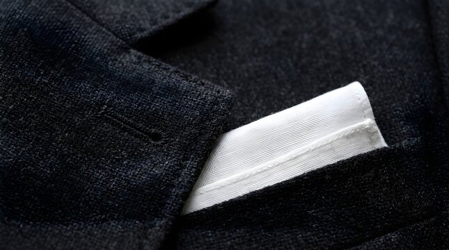 Elegant white pocket square in a dark charcoal black suit jacket lapel
