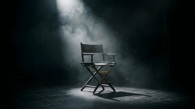 Empty director chair on dark stage illuminated by a spotlight in fog