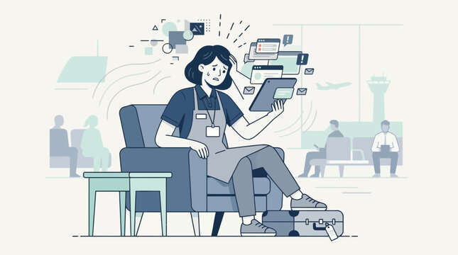Overwhelmed woman in airport lounge uses tablet, stress overload, digital life burden