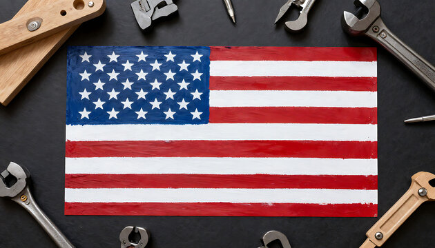 Various mechanical and construction hand tools arranged symmetrically around a small USA flag on a black background, representing American labor.
