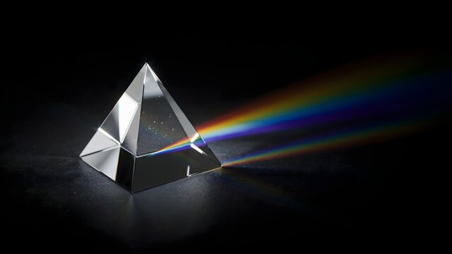 Macro of triangular glass prism refracting rainbow &ndash; Suitable for textbook covers, physics blogs, or laboratory equipment catalogs.