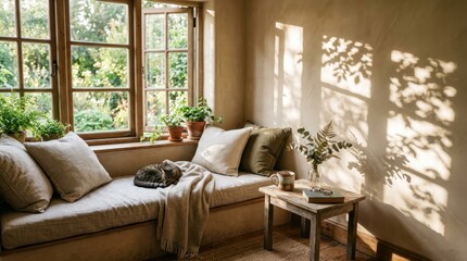 Fototapeta premium A cozy living room scene with a wooden sofa adorned with beige pillows.