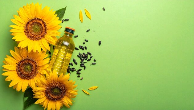 Top of view Oil bottle with sunflowers and seeds on a green background